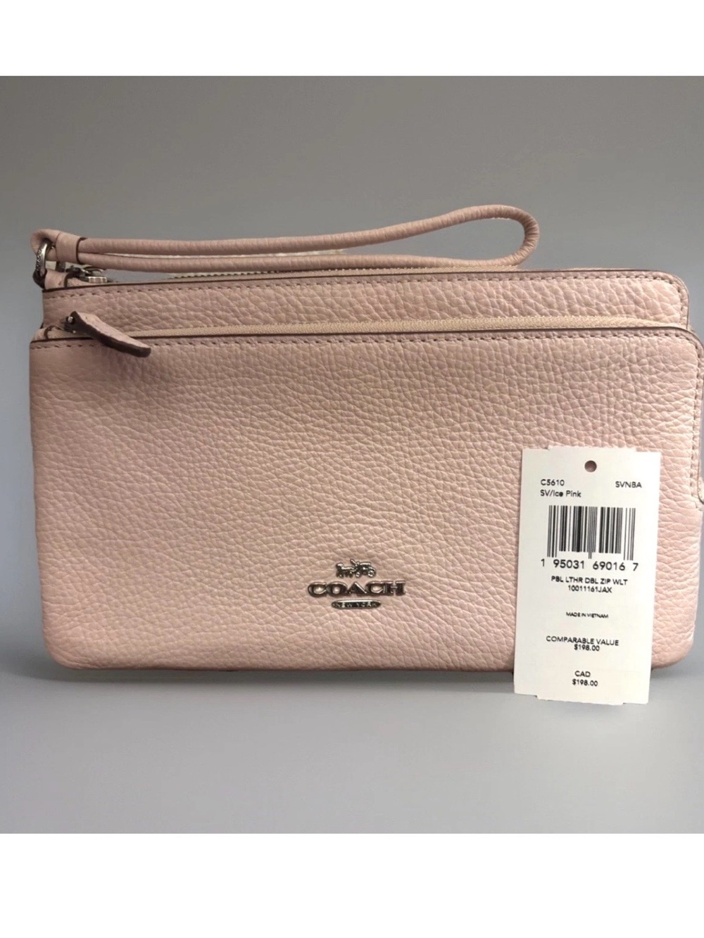 Coach Ice Pink Pebbled Leather Double Zip Wallet Wristlet
